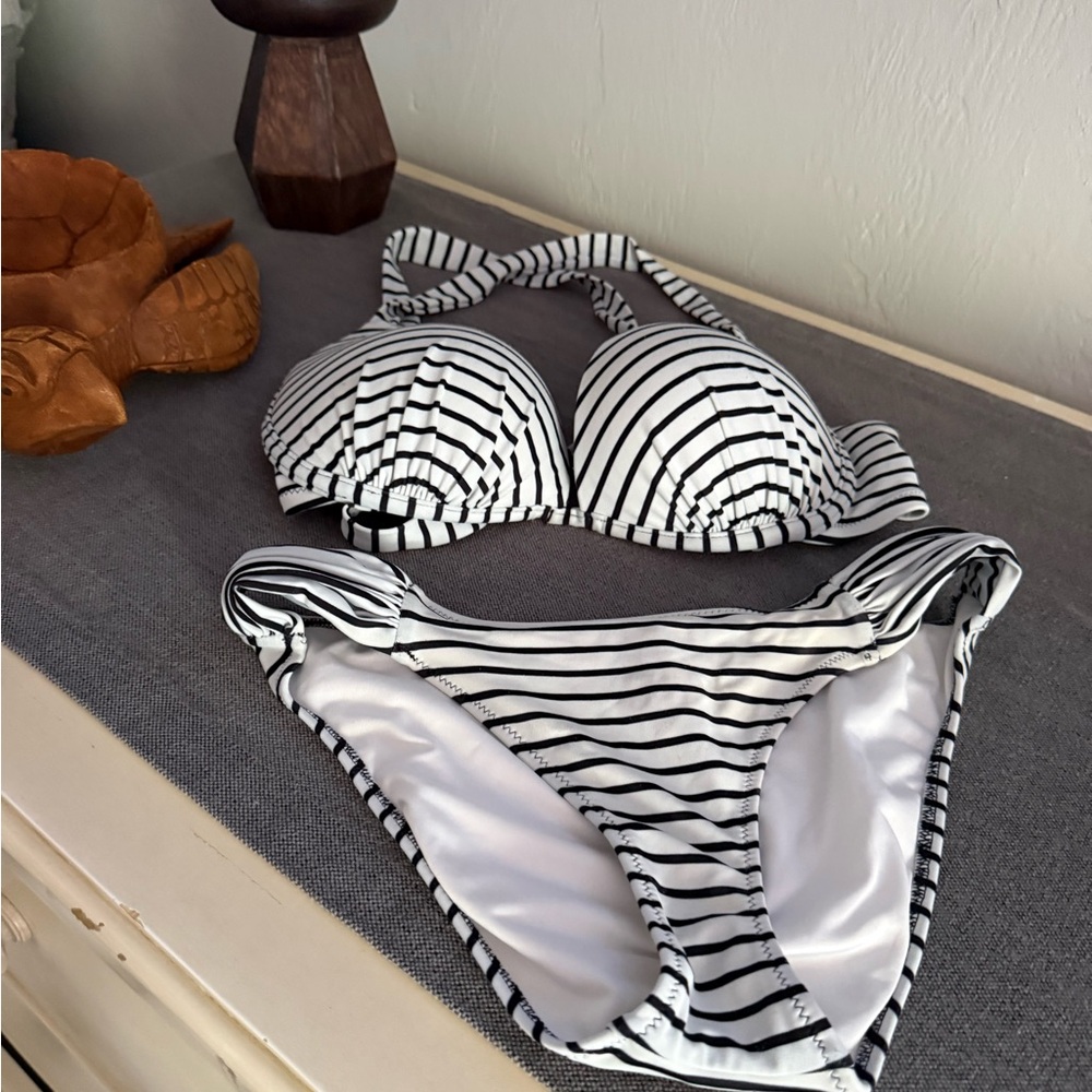 Victoria's Secret BIKINI S bottom black white HAPPY stripe 34 D Top